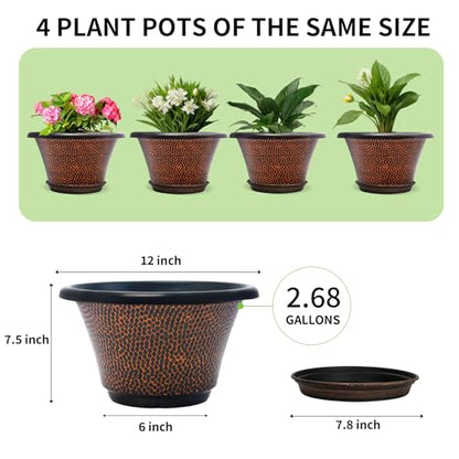 Quarut 12 Inch Pots for Plants,4 Pack Large Flower Pots with Drainage Hole - color: Diamond Pattern-brown, size: 12 inch-4 Pack