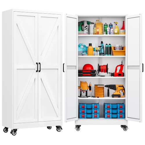 SISESOL 75" Tall Metal Storage Cabinet with Wheels,Wide & Deep Rolling Garage Storage Cabinet,White Metal Cabinets with Wheels and Shelves, Deep Heavy Duty Tool Cabinet for Garage,Home,Office,Shop - color: White, size: 75"H