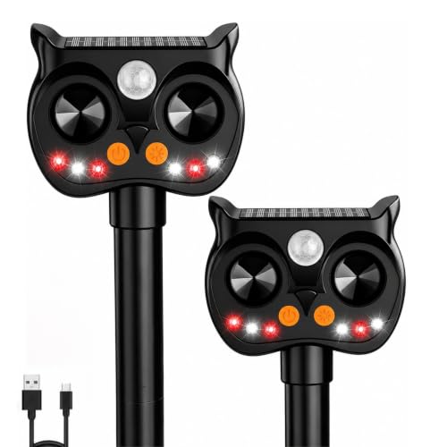 New Solar Animal Repellent Ultrasonic Outdoor for Deer Cat Skunk Squirrel Racoon Fortress Pro Animal Repeller Deterrent Devices with LED Strobe,Motion Sensor,Adjustable Volume and Modes for Yard,2 Pcs