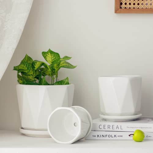 White Ceramic Planter Set of 3 with Drainage and Saucer, Indoor Plant Pots - color: Pure White