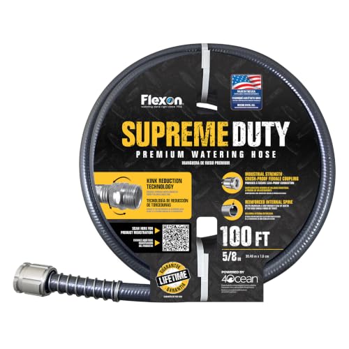 Flexon Supreme Duty 5/8" x 100-Foot Heavy-Duty Garden Hose – Kink-Resistant, High Burst Strength, Crush-Proof Brass Fittings, Ideal for Landscaping and Job Sites - size: 100 ft