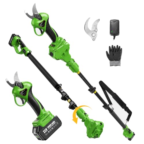 TaskStar 2-in-1 Pole Pruning Shears: 1.4" Max Power Pruner with 4.9-9 ft Pole for Cordless Tree Trimming, Brushless Motor, 4.0Ah Battery, SK5 Blade, 3 Modes Branch Cutter for Garden Maintenance - color: Green and Black