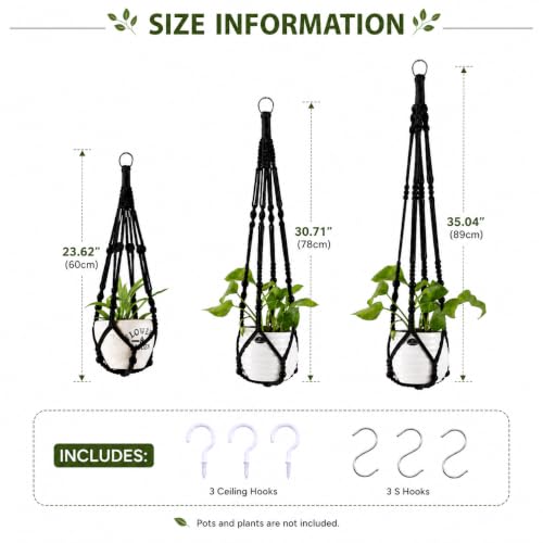 Macrame Plant Hangers with Beads for Indoor and Outdoor, 3 Pack - color: Black