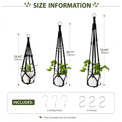 Macrame Plant Hangers with Beads for Indoor and Outdoor, 3 Pack - color: Black