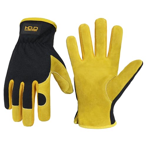 HANDLANDY Leather Gardening Gloves, Leather Work Gloves for Men Women - color: Yellow (1 Pair), size: Large