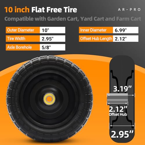 AR-PRO (4 Pack) 10" Solid Flat Free Tire and Wheel, 5/8" Bore - size: 10" Solid Tire (4-Wheel)
