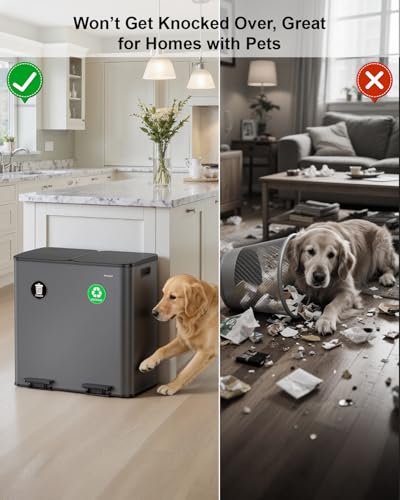 Lovewind 2×11.5 Gallon Dual Trash Can, Stainless Steel Dual Garbage and Recycling Can with Foot Pedal, 90° Stay-Open Lid, Pet-Proof Design – Large Dual Compartment Trash Recycling Bins Kitchen, Grey - color: Grey, size: 23 Gallon