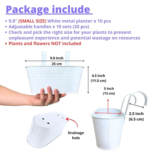 LaLaGreen Rail Planter (9.8 in, 10 Pack) White Metal Porch Fence Pots - size: 9.8" (25 cm) x 10 Pack
