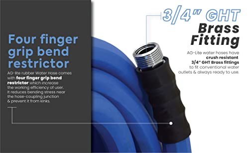 AG-LITE BSAL3450 3/4" x 50' Hot/Cold Water Rubber Garden Hose, 100% Rubber, Ultra-Light, Super Strong, 500 PSI, 50F to 190F Degrees, High Strength Polyester Braided - size: 3/4" x 50'