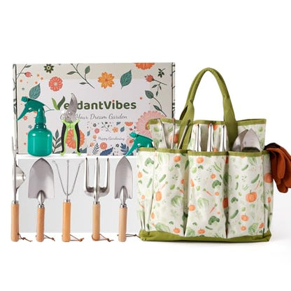 VerdantVibes 10-Piece Garden Tool Set - Heavy Duty Stainless Steel Gardening Kit with Wood Handle, Pruners & Vegetable Print Tote Bag - Unique Gardening Gifts for Women Mom Grandma - color: Green