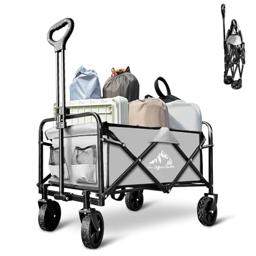 Garden Cart Folding Wagon with Small Wheel, Collapsible Outdoor Wagon Cart Heavy Duty with Universal Wheels & Adjustable Handle, Utility Grocery Wagon for Camping Shopping, Sports - Light Gray - color: Gray, size: 2 Pack