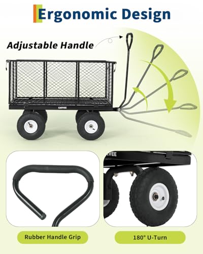 Heavy Duty Steel Garden Cart 800 lbs, Outdoor Utility Wagon with Removable Mesh Sides, 10" All-Terrain Pneumatic Tires and Rotating Handle, Waterproof Bag Included, Gardening Landscaping Lawn Cart