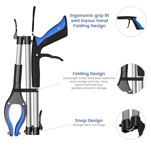2 Pack 36 Inch Grabber Reacher Tool for Seniors, Foldable Reacher Grabbers Pickup Stick with Anti-Slip 90° Rotating Jaw, 4" Wide Extended Claw with Magnet for Disabled - color: Blue+red(36 Inch)