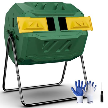 43 Gallon Outdoor Dual Chamber Tumbling Composter - BPA Free, Rotating Compost Bin with Sliding Doors & Steel Frame for Garden/Yard - color: Green