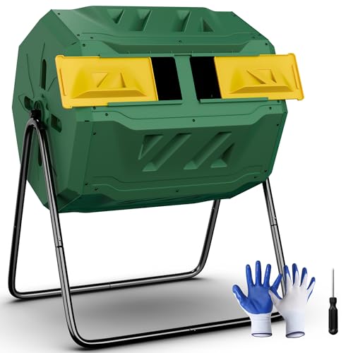 43 Gallon Outdoor Dual Chamber Tumbling Composter - BPA Free, Rotating Compost Bin with Sliding Doors & Steel Frame for Garden/Yard - color: Green