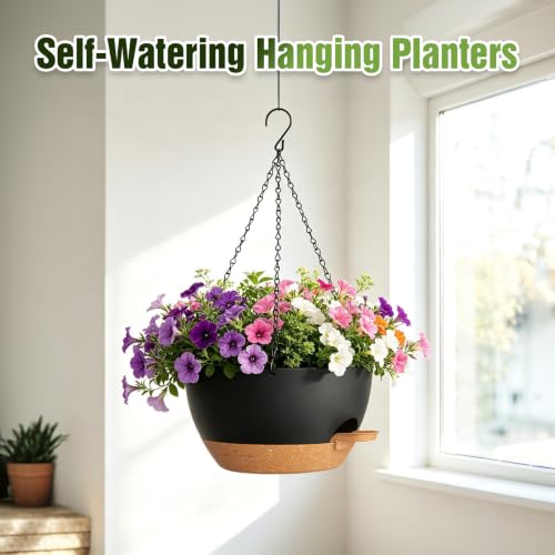 13 Inch Large Self Watering Hanging Planters 2 Pack with Saucers - color: Black Brown, size: 13 Inch 2 Pack