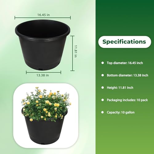 Plant Pots Flower Pot 10-Pack 10 Gallon Planter Nursery Pot Garden Seedling Planters Containers Plastic Injection Molded Pots with Drainage Holes for Outdoor Indoor Plants Vegetables, Black - color: Black, size: 10 Gallon - Round