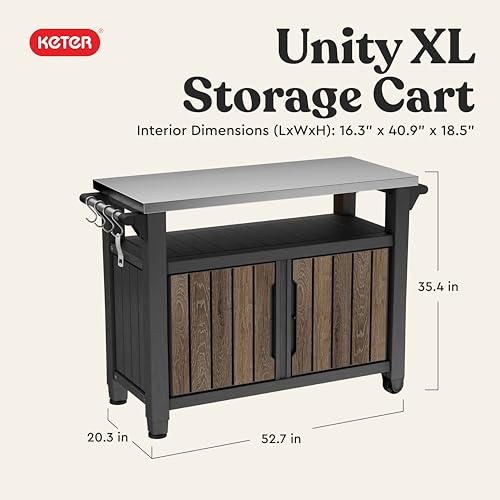 Keter Unity XL Outdoor Entertainment Cart with Wood‑Look Finish, 78‑Gallon Patio Storage Cabinet, Food Prep Station, Stainless‑Steel Top for BBQ, Grill, Patio, Deck & Backyard, Walnut - color: Walnut
