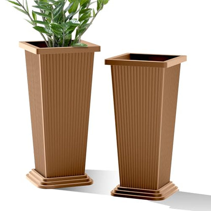 FENCY Set of 2 Tall Planters for Outdoor Plants, Brown Ribbed - color: Brown-square Ribbed