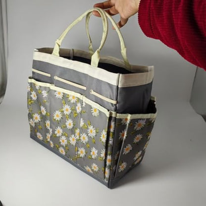 Garden Tool Caddy,Gardening Tote Bag Multi-Pocket,Garden Caddy Garden Bags for Tools Organizer(Daisy Gray Background)
