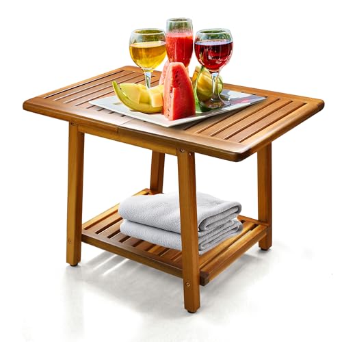 ENKEZI Acacia 24 Inches Outdoor Side Table, 2-Tier Sturdy Patio, End Table Weather Resistant, Strong Stability Side Table for Patio, Pool, Porch, Teak Finish (Large)