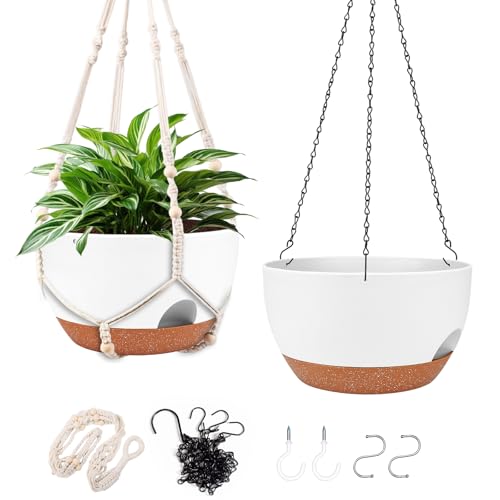 10 Inch Self Watering Hanging Planters with Metal Chain & Macrame Hangers - color: 2 Type Plant Hangers White, size: 12 Inch