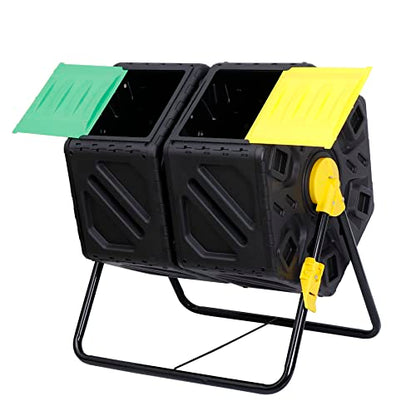 F2C Dual Chamber 37 Gallon Compost Tumbler All-Season Outdoor BPA Free Large Composter Bin w/ 2 Sliding Doors and Solid Steel Frame - size: 37 Gallon