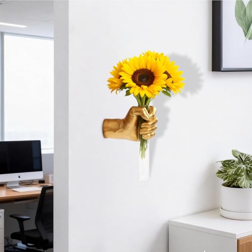 Gold Wall Sculptures, Hand Wall Vases Home Decor, Wall Mount Art Sculpture, Unique Wall Art Statue Vase Decor, Modern Hanging Vase for Living Rooms Decor,Hanging Test Tube Vase Statue(Gold)