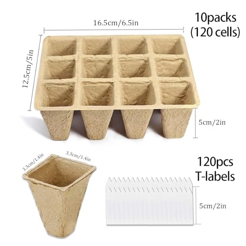 10 Packs Peat Pots, 120Pcs Seed Starter Tray Kit with 120Pcs Plant Labels, Biodegradable Seed Starter Pots, Germination Kit for Garden Plant Nursery - size: Small