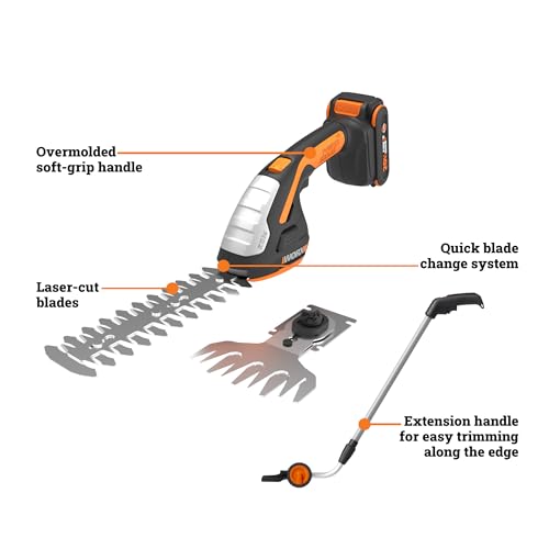 WORX Cordless Grass Shear & Shrub Trimmer, 20V with Extension Pole, WG801.4 - style: 8" 20V Shrubber Trimmer w/4" Grass Shear/(1)2.0Ah Battery