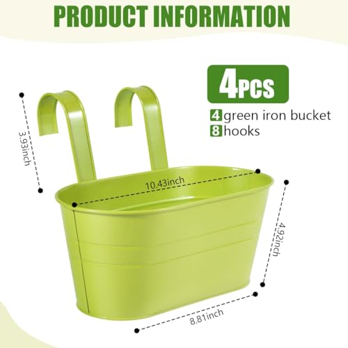 OBTANIM 4 Pack Metal Hanging Flower Pots Iron Railing Planter Outdoor Fence Hanging Pots Bucket Plant Holder with Detachable Hooks Drain Holes for Home Garden Yard Decor (Green) - color: Green