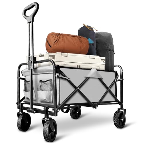 Garden Cart Folding Wagon with Small Wheel, Collapsible Outdoor Wagon Cart Heavy Duty with Universal Wheels & Adjustable Handle, Utility Grocery Wagon for Camping Shopping, Sports - Grey - color: Gray, size: 1 Pack