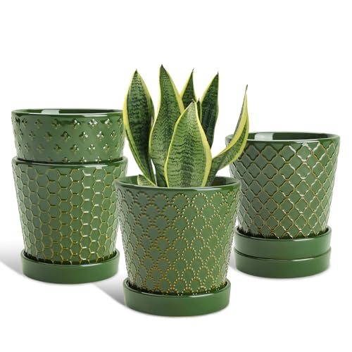 EFISPSS Ceramic Plant Pots, 5 Inch Planters with Drainage Holes and Ceramic Tray, Relief Design Flower Planter, Desktop Office Windowsill Decoration Gift Set of 4 - Blackish Green - color: Blackish Green