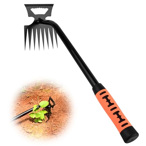 BokingOne Portable Weed Removal Tool - 8-Prong Manganese Steel with Black Baked Rust-Proof Coating for Garden Lawn Farm, Non-Slip Rubber Handle - color: Black Baked Rust silvery