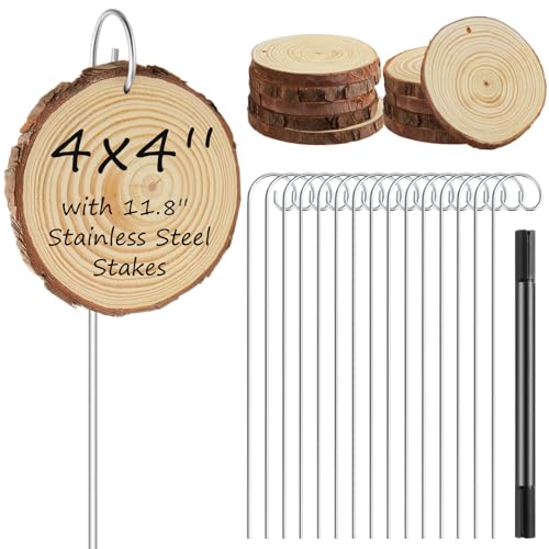 Hicarer 15 Set 4 Inch Large Wooden Plant Labels, 15 Pcs Garden Stakes(11.8 Inch Tall) &1 Marker Pen, Garden Markers Tags Sign for Flowers Herbs Seed Vegetable, Hint: a Firm Push for Ideal Hang