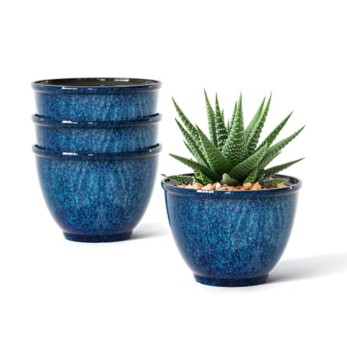 8 Inch Plant Pots Indoor Outdoor, Glazed Plastic Planter with Drainage - color: Blue