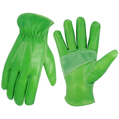 Leather Work Gloves for Men & Women, Reinforced Durable Gardening Gloves,Cowhide Work Gloves,Puncture & Cut Resistant - color: Green, size: Large