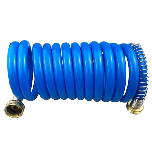 Darnassus Heavy-duty PU Coil Hose, Self-Coiling Garden Hose with Solid Brass Fittings, Retractable, Corrosion Resistant, for Household (10 FT, Blue) - color: Blue, size: 10 FT