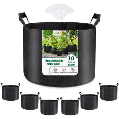 GreatBuddy Grow Bags 10 Gallon 6-Pack, Heavy Duty Fabric Grow Bags with Handles for Vegetables, Herbs, and Tomatoes, Fabric Pots & Planting Bags for Outdoor Home Gardening - size: 10 Gal