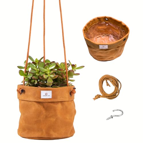 Waxed Canvas Handmade Hanging Planter for Indoor/Outdoor Plants, Hanging Basket Plant Holder Dijon Yellow with Hook - color: Dijon Yellow, size: 6 Inch