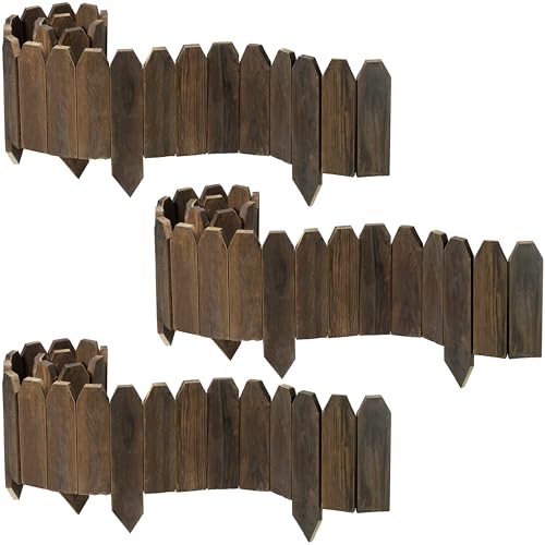 Wood Garden Edging for Landscaping – Flat Panel Fence Border for Flower Beds, Decorative Wooden Stakes for Lawn & Pathway, Durable Natural Wood Design for Outdoor Use, 5.9 in H x 4.0 ft L (3 Pack)