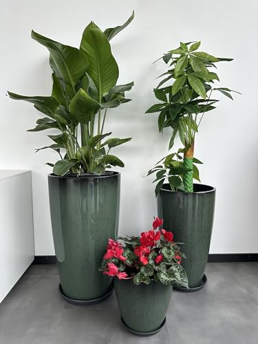 24,21,11 Inch Large Plastic Planters with Drainage Hole and Saucer - Set of 3 Tall Plant Pots Indoor Flower Pot Tall Round Planters Outdoor Large Tall Planter - color: Dark Green