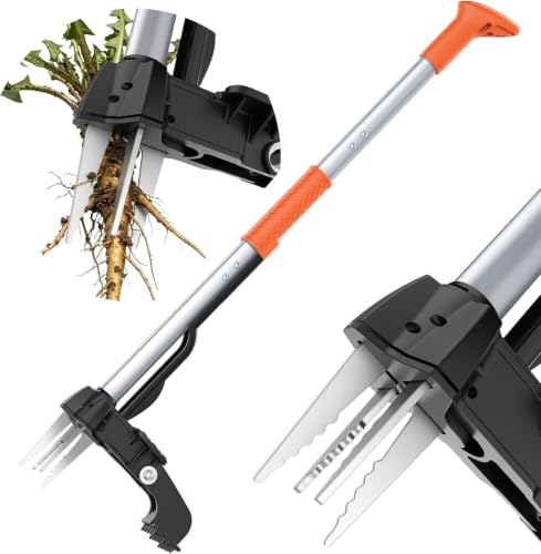 39.2'' Weed Puller Tool with Long Handle, Stand Up Garden Weeder Tool 4 Stainless Steel Claws Heavy Duty Weed Remover Tool for Lawn, Yard, Pull Weeds by Root Without Bending