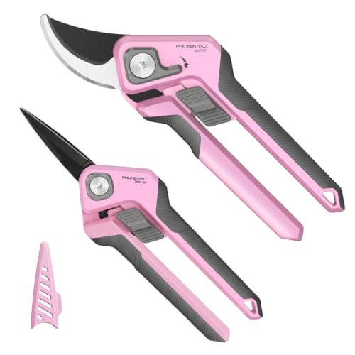 PrunePro Pruning Shears Scissors Set - Professional German Stainless Steel Hand Pruner Anti-Break Lock Ergonomic Garden Scissors for Branches Herb Flower Bonsai Garden Clipper - color: Pink