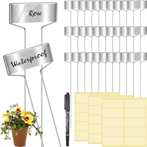 LEIFIDE 61 Pieces Zinc Plant Tags Kit, 30 Pcs 10 Inch Rectangle Metal Plant Labels, 30 Rainproof Pet Films, 1 Marker Pen, Reusable Garden Waterproof Markers Tags(T Shape)