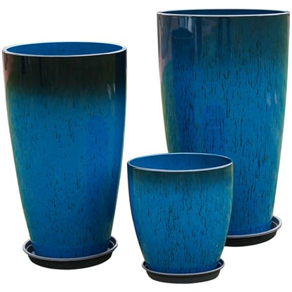 24,21,11 Inch Large Plastic Planters with Drainage Hole and Saucer - Set of 3 Tall Plant Pots Indoor Flower Pot Tall Round Planters Outdoor Large Tall Planter - color: Blue