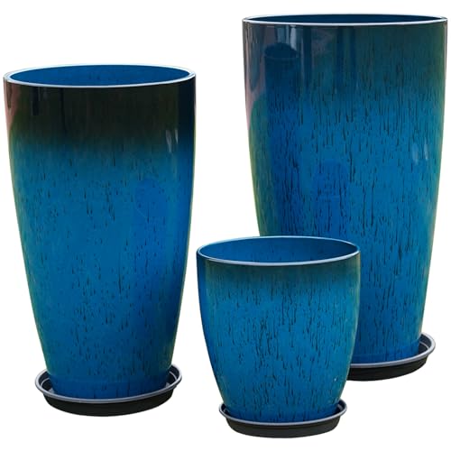24,21,11 Inch Large Plastic Planters with Drainage Hole and Saucer - Set of 3 Tall Plant Pots Indoor Flower Pot Tall Round Planters Outdoor Large Tall Planter - color: Blue