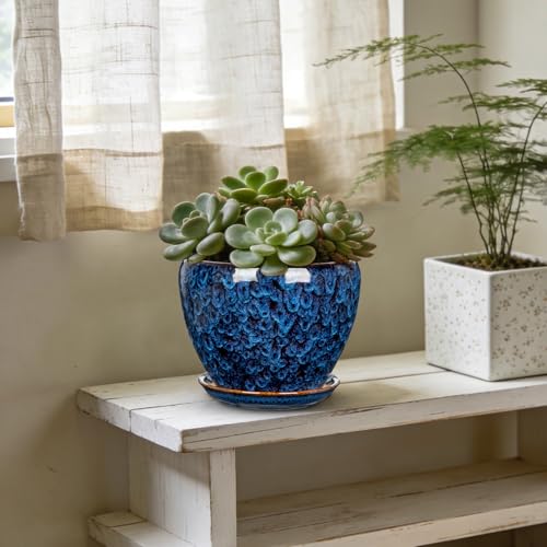 Hollyone 7inch Ceramic Planter Blue Ceramic Plant Pot for Plants Flowers with Drainage Hole and Saucers Ceramic Glaze Round Flower Plant Pot for Indoor Outdoor Medium Round Succulent Orchid Flower Pot - size: 7 Inch (Single)