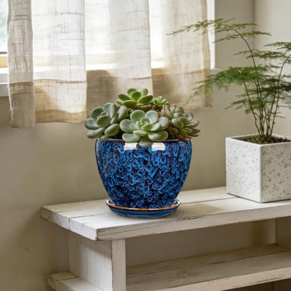 Hollyone 7inch Ceramic Planter Blue Ceramic Plant Pot for Plants Flowers with Drainage Hole and Saucers Ceramic Glaze Round Flower Plant Pot for Indoor Outdoor Medium Round Succulent Orchid Flower Pot - size: 7 Inch (Single)
