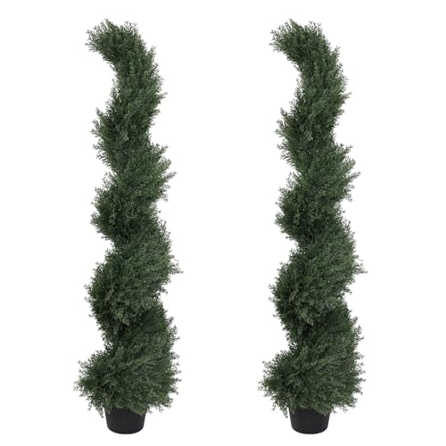THE BLOOM TIMES 4ft Tall Spiral Topiary Trees Artificial Outdoor Set of 2 - color: Cedar Dark Green, size: 4ft